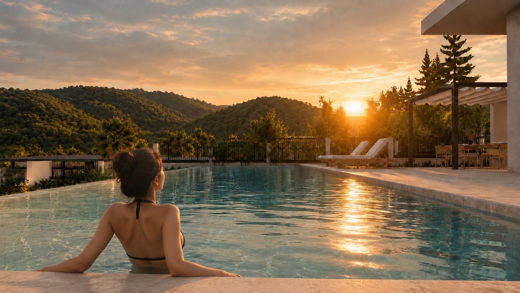 MONTIVA poolside sunset lifestyle overlooking peaceful mountains